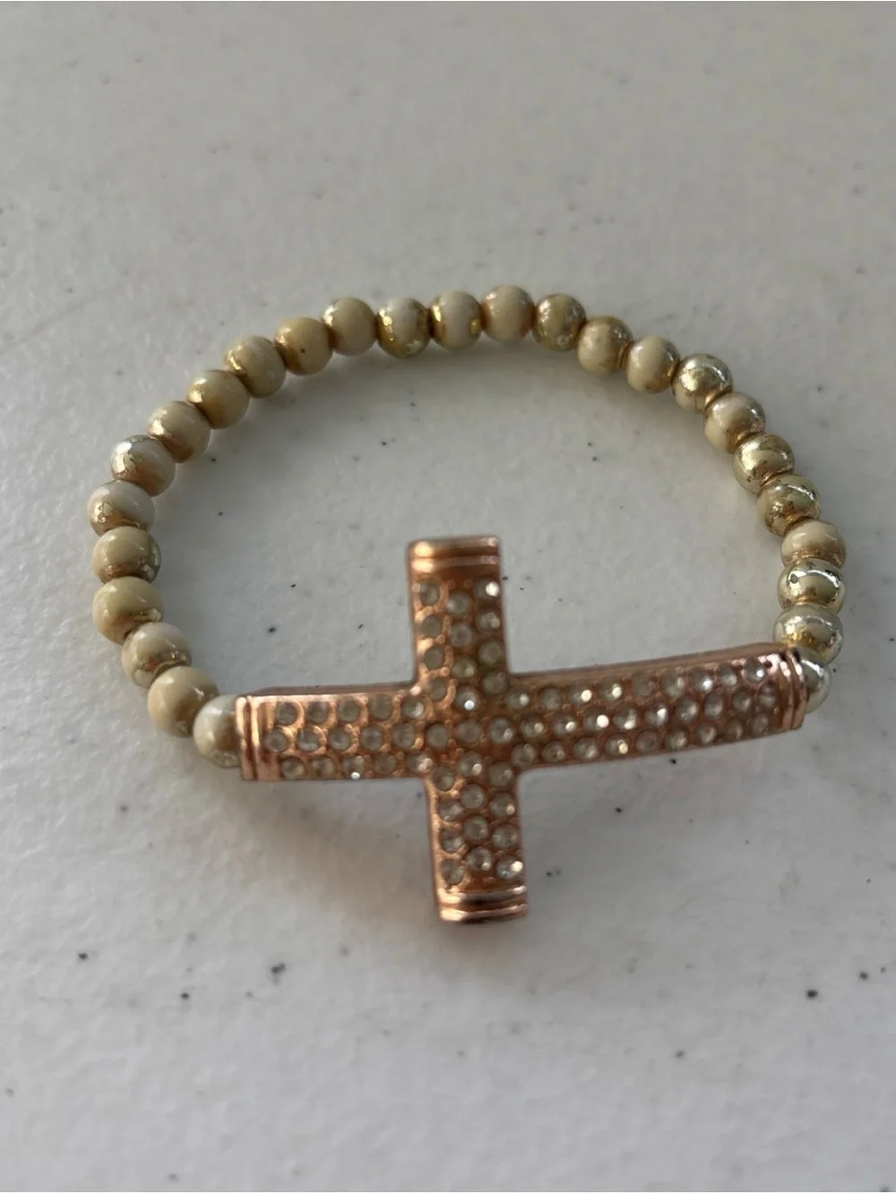 Rose Gold Cross Beaded Stretch Bracelet - Nude & Gold Accent